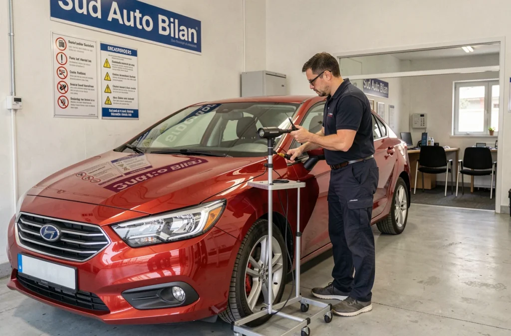 Technicien Sud Auto Bilan effectuant un réglage de phares sur une voiture rouge lors du contrôle technique