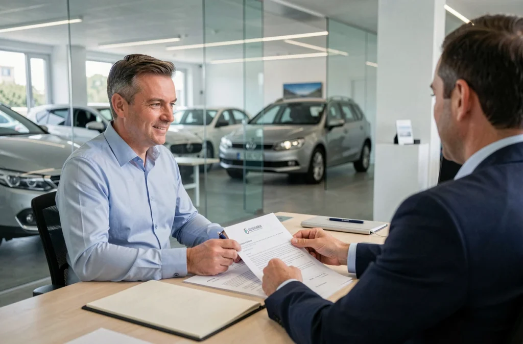 Vendeur VP Auto en discussion avec un client professionnel pour une vente de véhicule d'occasion en région PACA