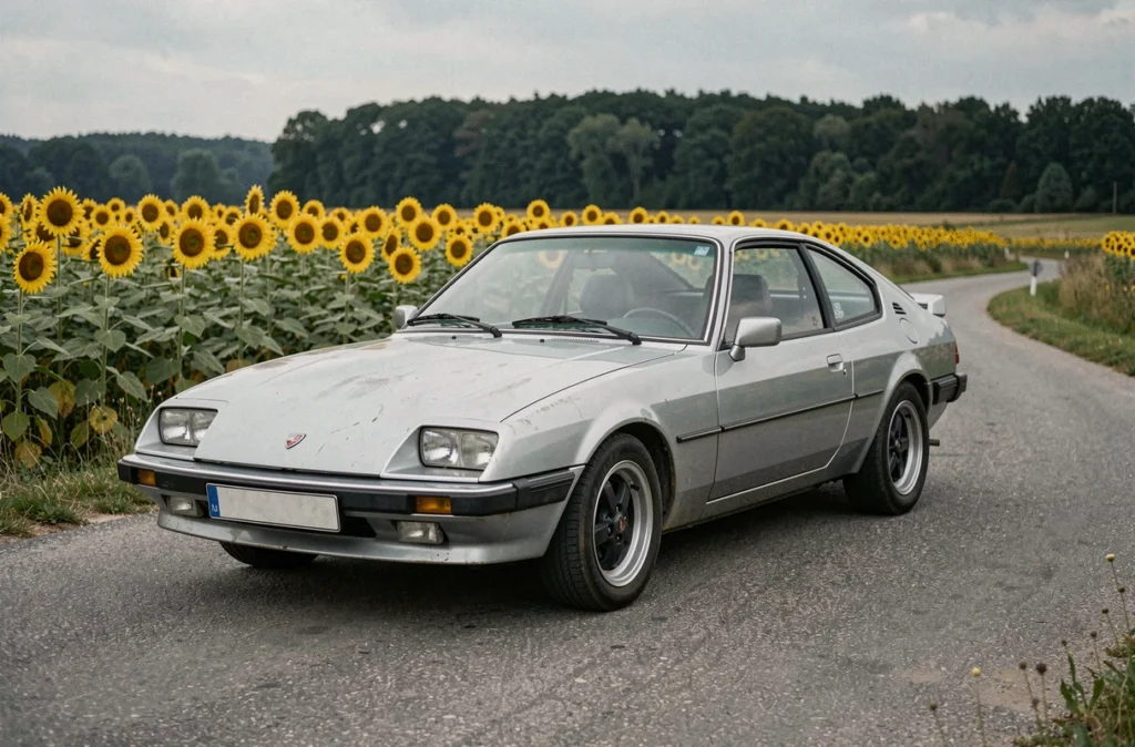 Youngtimer européenne des années 90 garée sur une route de campagne française entourée de champs de tournesols