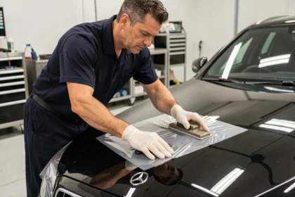 Technicien automobile appliquant un film de protection carrosserie PPF transparent sur le capot d'une berline noire dans un atelier de detailing professionnel