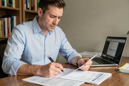 Homme consultant ses documents d'assurance auto à son bureau à domicile, envisageant un changement de contrat avant un an