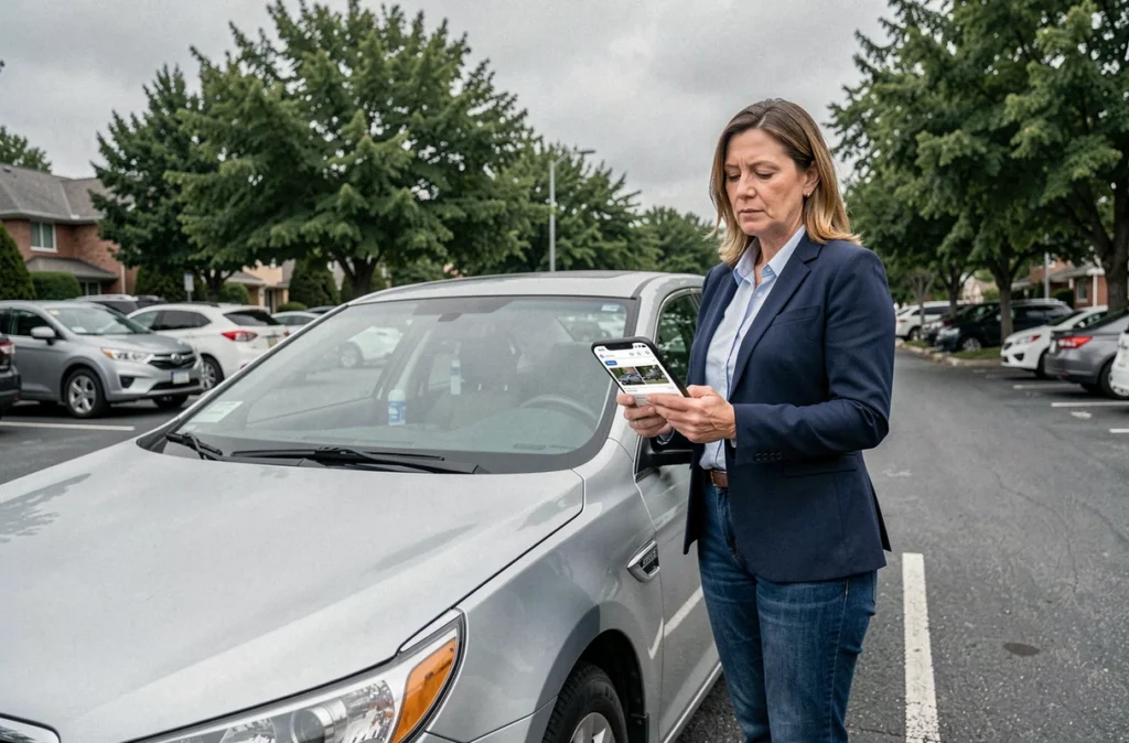 Femme debout près de sa voiture consultant une application de comparaison d'assurance auto sur son téléphone