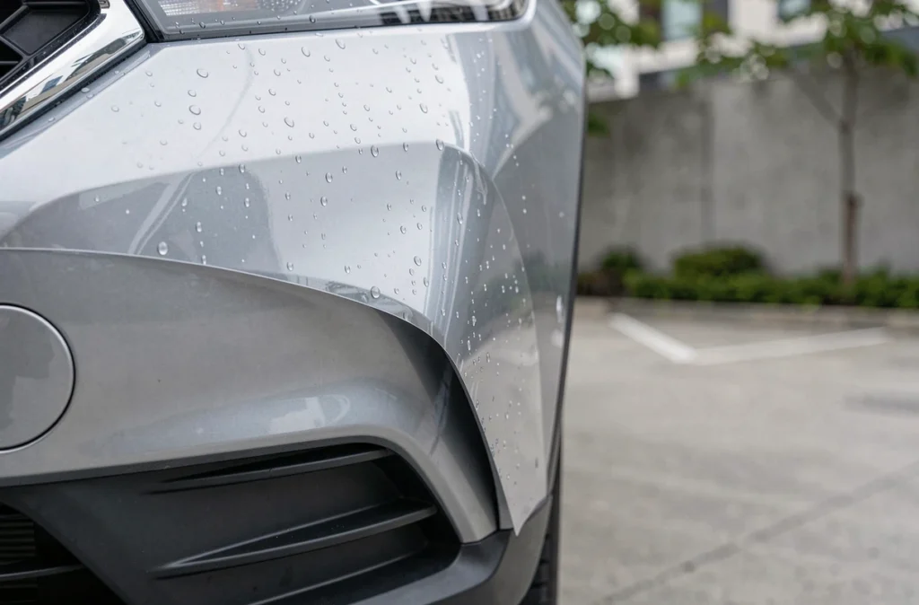 Gros plan sur le bord d'un film de protection carrosserie transparent sur le pare-chocs d'un SUV argenté avec des gouttes d'eau en perles hydrophobes